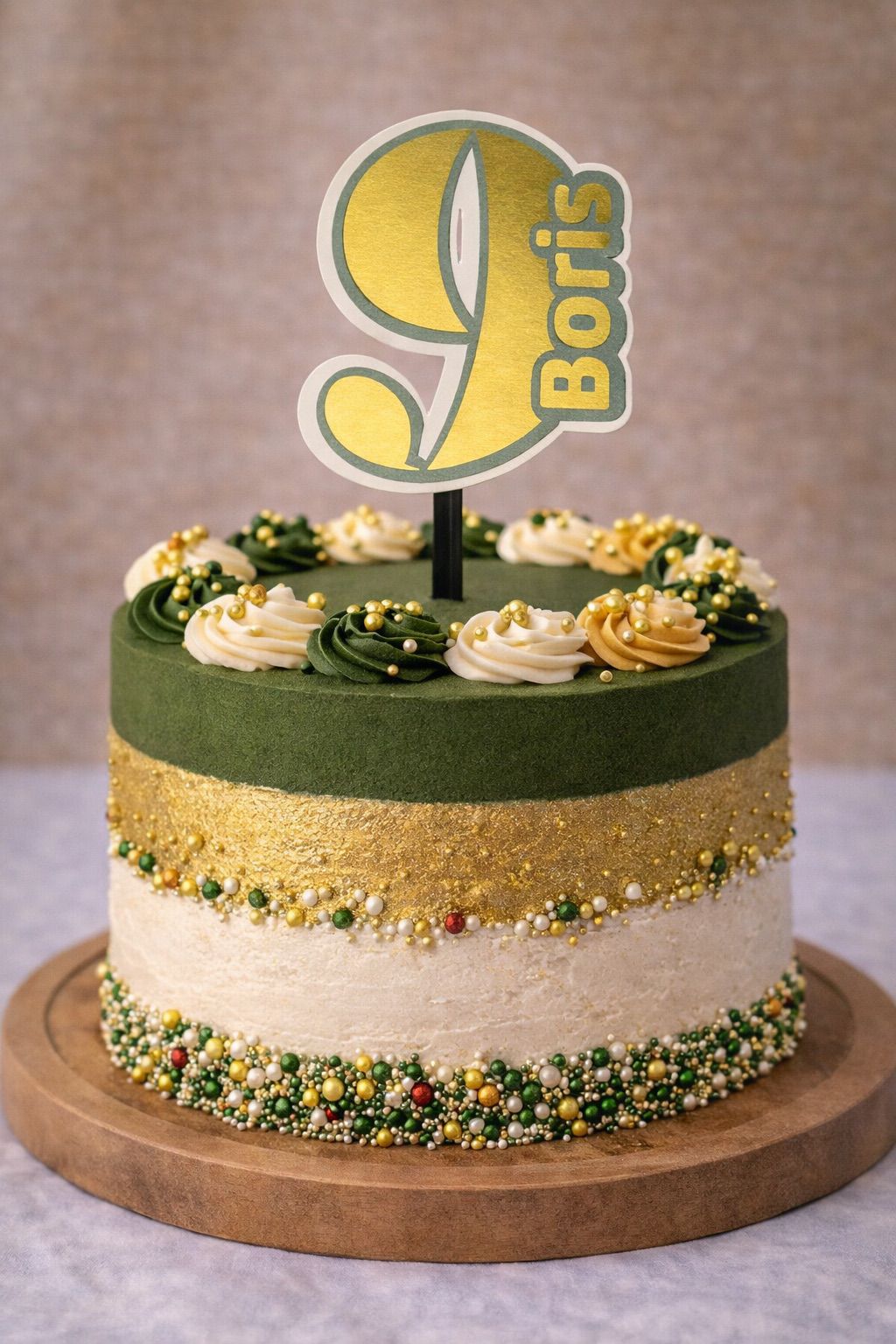 Cijfer 9 Taart Topper – Donkergroen met Naam (Groen/Goud) (gepersonaliseerd)
